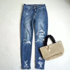 アメリカンイーグル◇ダメージ加工 ジーンズ スキニーデニム カットオフ 00