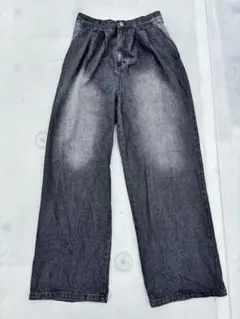 グレー ワイドレッグ デニムパンツ