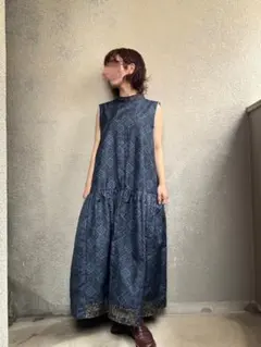 着物リメイク/大島紬/袖なしワンピース/ネイビー