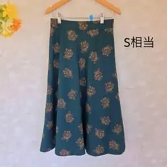 花柄 エスニック レトロ スカート【S相当】モスグリーン フレア 膝下丈