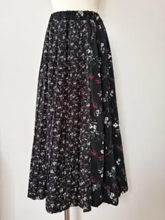 ロングスカート レディース フレアスカート プリーツスカート 花柄 黒 M