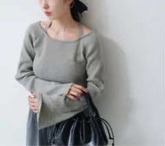 kastane ボウタイ配色リブニット グレー