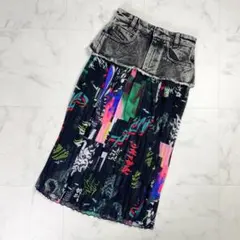 美品 DIESEL プリーツスカート デニム 総柄 黒 サイズ24*QD197のサムネイル