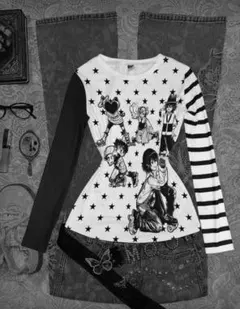 y2k 平成ギャル 可愛人像柄カットソー　黒いボーダー柄長袖Tシャッ