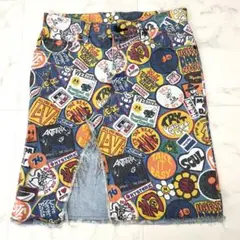 極美品 00's ヒステリックグラマー ワッペン総柄 デニム 膝丈スカート S