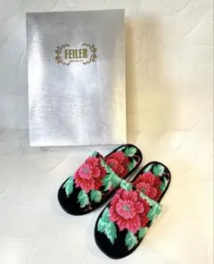 미사용 品✨フェイラー FEILER スリッパ 花柄 ブラック