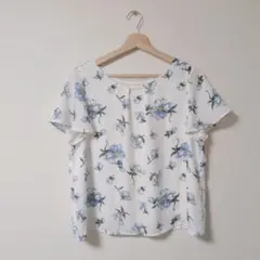 ★良品★Rewde 花柄 半袖ブラウス ホワイト×ブルー【L】のサムネイル
