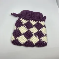 紫と白のチェック柄 巾着袋