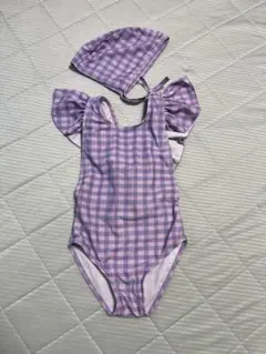 キッズ ワンピース水着 帽子付き チェック柄 パープル