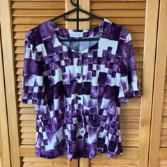 未使用に近い ハナエモリ 幾何学柄 ロゴ カットソー Tシャツ L 日本製 