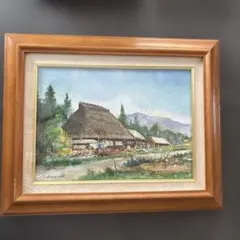 真作」北川照生「白馬の山郷」風景画 油彩画 額装 サイン有り F10号