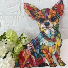 犬 ドッグ 壁掛け 茶色 チワワ ステンドグラス インテリア サンキャッチャー