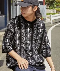 ヴィンテージライクジャガードストライプ半袖プルオーバーニット