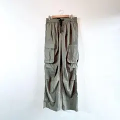 SHEIN ワイドカーゴパンツ ウエストゴム S カーキ 薄手 体型カバー