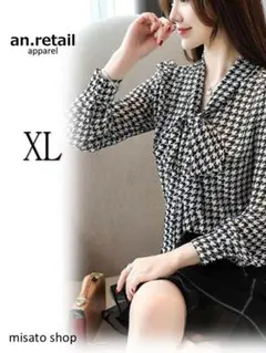★レディース 長袖 ブラウス ハウンドトゥース シフォン ボウタイトップス XL