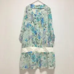 【ブリーズ】brise 花柄 チュニック長袖レース ブルー系 日本製レディース