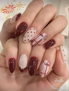 ネイルチップ 24個 ワインレッド ピンク 春ネイル 韓国 ワンホン