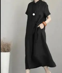 ワンピース　ブラック　黒　可愛い　おしゃれ　リネン　M オールシーズン