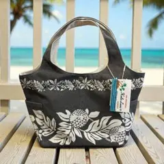 Hula Lani ハワイアントートバッグ　モンステラとパンの実柄　ブラック