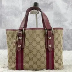 極美品 GUCCI キャンバス レザー トートバッグ GG柄 シェリーライン 茶