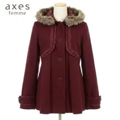 【axes femme】ファー＆レース装飾 Aラインショートコート ボルドー L