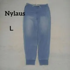 底値デニム風パンツ　 Lサイズ 　ライトブルー　ウエスト紐　足首リブ