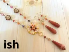 【A045】ishモッカイトカットドロップ・カーネリアンネックレス＆ピアス