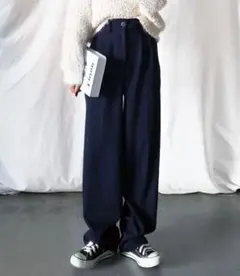 ネイビー 太ベルトハイウエストカラータックスラックス　L