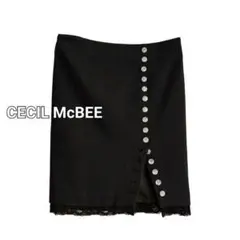 セシルマクビー タイトスカート キラキラストーンボタン 裾レース