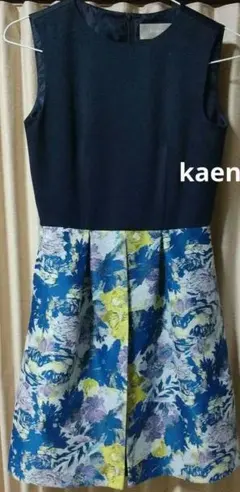 極美品 kaene ネイビー花柄ノースリーブ ワンピース ジャガード織り日本製