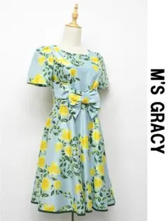 Q401/美品 M'S GRACY ひざ丈ワンピース フレア 花柄 リボン 36