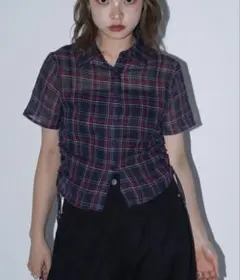 シアー半袖　サイドギャザー　チェックシャツ