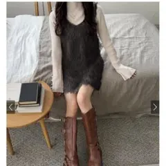 GRL ファー キャミソールワンピース 2Way 黒 フリー