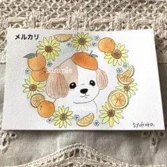 原画　水彩画　犬　オレンジ　向日葵　花　ポストカード　手描きイラスト　オリジナル
