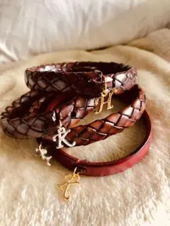 ⭐️イタリア製レザー猫の首輪イニシャル付き12mm牛革編込