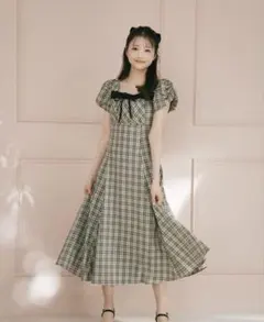 AnMILLEアンミール バストギャザーリボンOP ベージュチェック