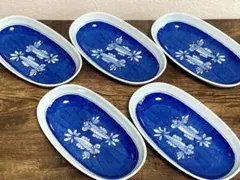 有田焼 染付 魚文 楕円大皿 5枚セット 深皿 盛皿 手描き