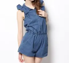 【リリーブラウン】フリルデニムロンパース