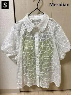 Meridian 花柄総刺繍 シアー 半袖 ブラウス S バルーン袖のサムネイル