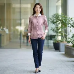 Y9217*キヨコタカセ☆チェック☆クレリック☆シャツ☆レッド☆日本製☆長袖☆Mのサムネイル