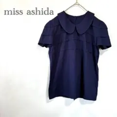 【ミスアシダ】 半袖ブラウス S ネイビー 丸襟 ティアード コットン100%