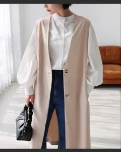 【美品】and me とろみ素材　Vネック　ロング　ジレ