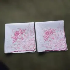 花柄刺繍 ホワイト ピンク ハンカチ同柄 2枚セット