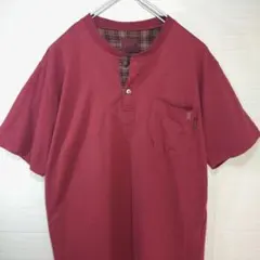 カールヘルム　Tシャツ　刺繍ロゴ　ヘンリーネック　チェック　ワインレッドのサムネイル