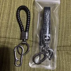 ブラックレザー編み込みキーホルダー2点セット