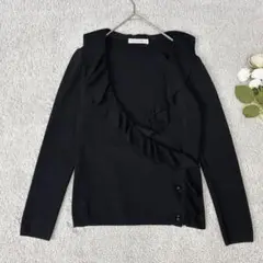 エムプルミエブラック　フリル付きカシュクールニット　Vネック　ブラック　黒　38