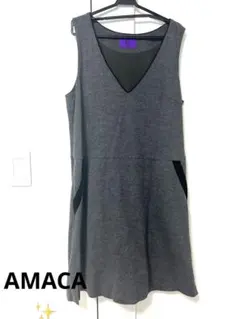 【超美品】AMACAグレー Vネック ノースリーブ ワンピース