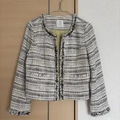 美品☆ツイード風ノーカラージャケット ホワイト・ブラック
