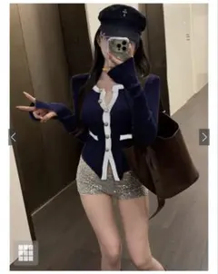 レディース服　春　ニット　ネイビー　トップス