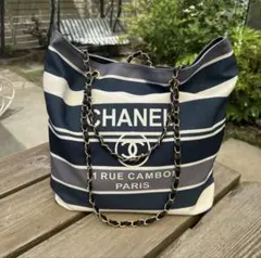 CHANEL ノベルティ ストライプ トートバッグ チェーン 大容量